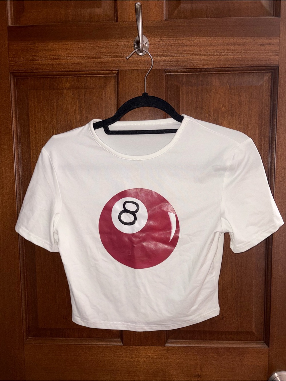 White Women's Crop Tee with Red 8-Ball Graphic